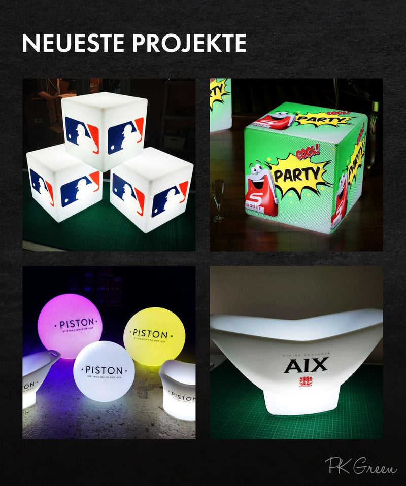 Personalisierter LED Sitz Hocker Tisch, Standleuchte, Leuchtwerbung, Leuchtkasten mit Display Sign