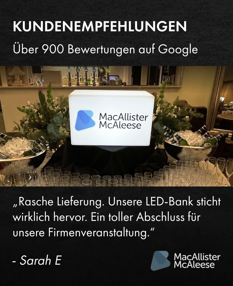 Personalisierte LED Eiskübel, Champagnerkühler & Sektkühler mit Logo und Werbung, einzigartige Tischdeko mit Leuchtkasten für Firmenveranstaltungen