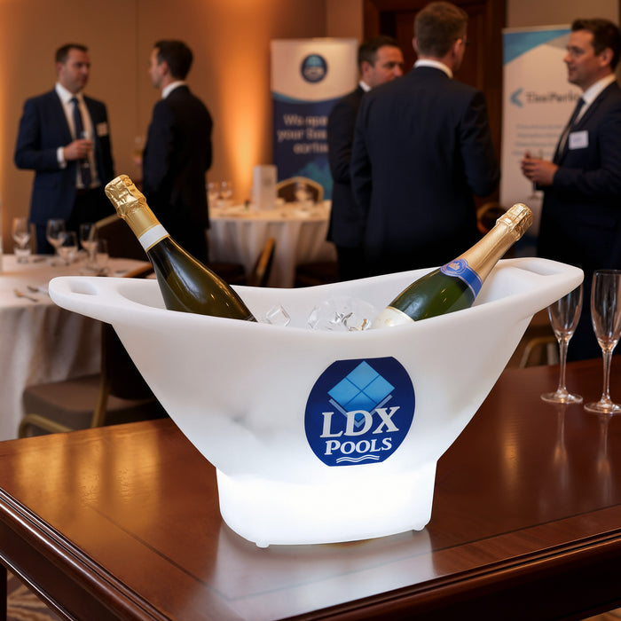 Auf Kundenwunsch personalisierter großer LED Eiskübel Wein-/Sektkühler individuelles Logo Lightbox