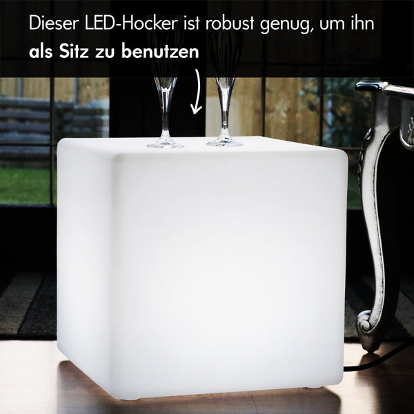 LED Leuchtwürfel Hocker Sitz 40 cm, Glühbirne E27 Weiß Installiert