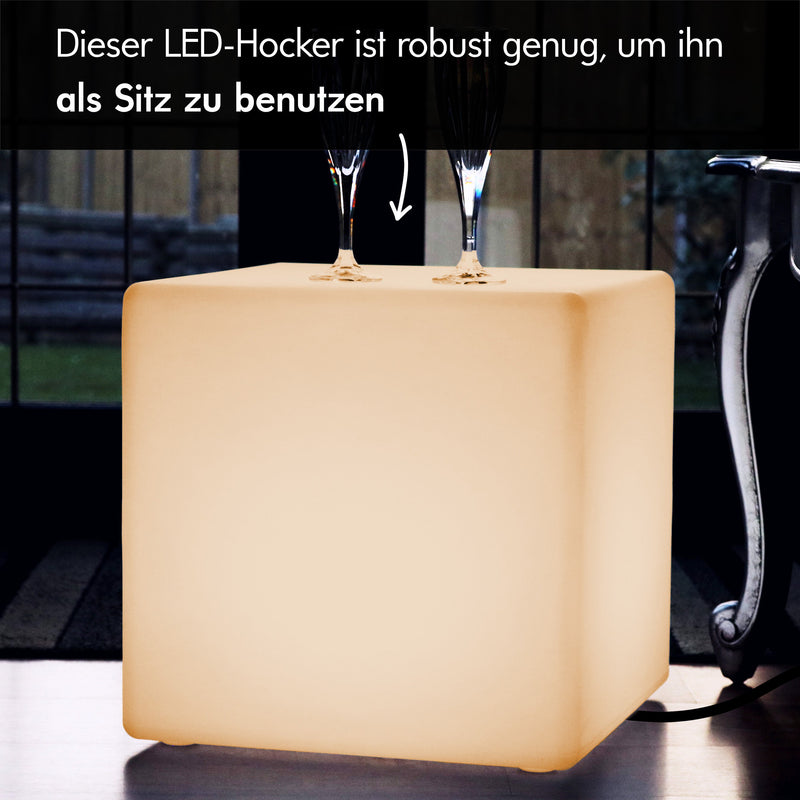 LED Würfel Sitzhocker Beistelltisch 40 cm mit Glühbirne E27 Warmweiß