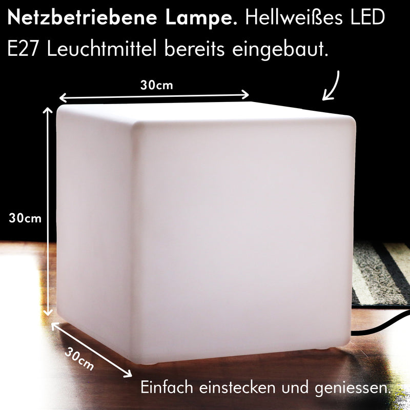 LED Tischlampe Leuchtwürfel 30 cm, Leuchtmittel E27 Weiß Installiert