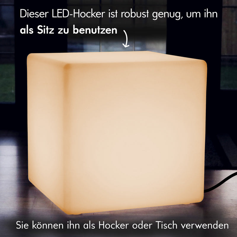 Netzbetriebener LED Würfel 50 cm, Sitzhocker Stehleuchte E27, Warmweiß