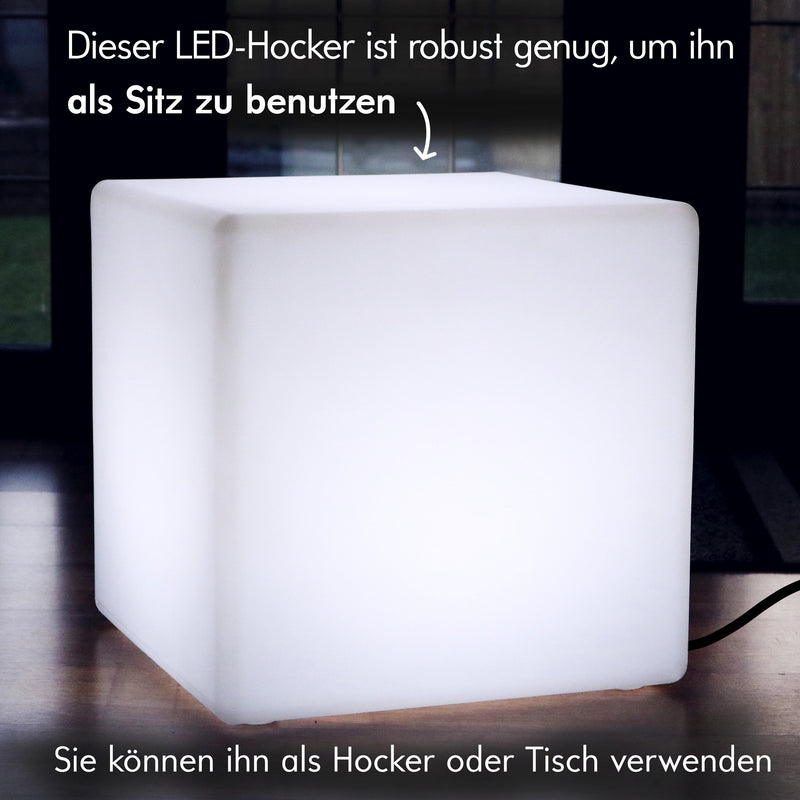 Leuchtwürfel Hocker Sitz 50 cm, Netzbetriebener LED Sitzwürfel, E27, Weiß