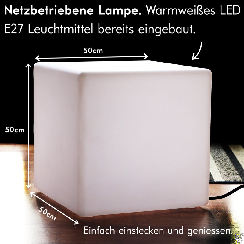 Netzbetriebener LED Würfel 50 cm, Sitzhocker Stehleuchte E27, Warmweiß