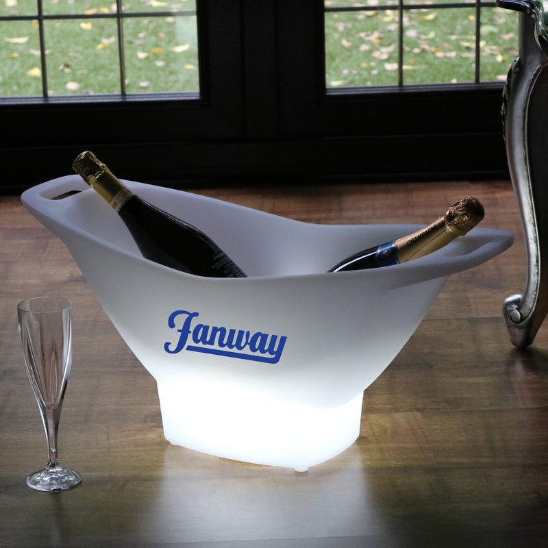 Individueller LED-Eiskübel als Wein- und Champagnerkühler mit Logo, beleuchtete Werbeleuchte als Sekthalter für Nachtclubs und Veranstaltungen