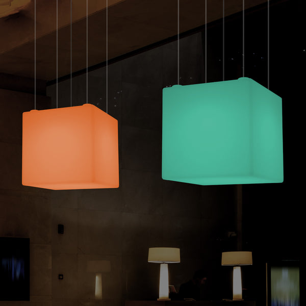 Würfel Pendelleuchte, geometrische LED Hängelampe, 60 cm, E27, RGB Licht mit Fernbedienung