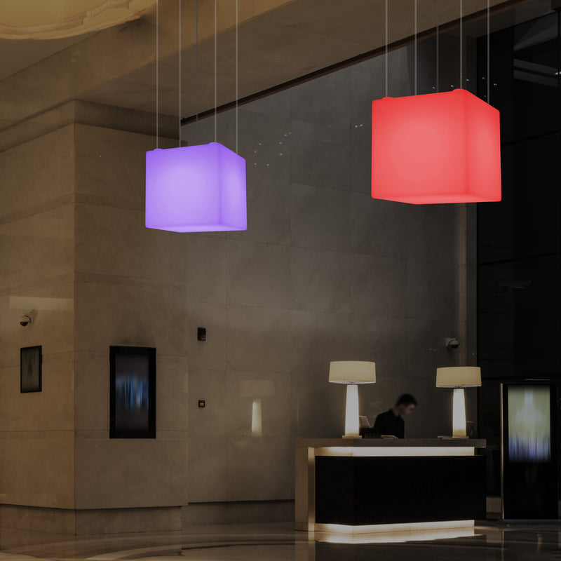Würfelförmige LED Pendelleuchte, mehrfarbige moderne RGB Deckenleuchte, 400 mm, Ambiente Beleuchtung