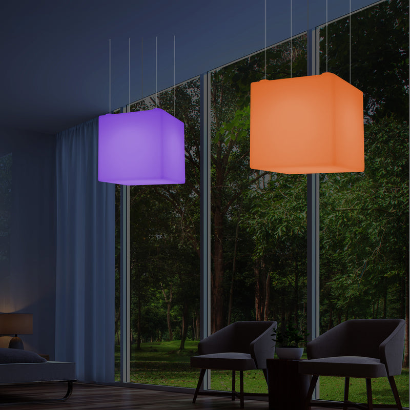 Würfel Pendelleuchte, geometrische LED Hängelampe, 60 cm, E27, RGB Licht mit Fernbedienung