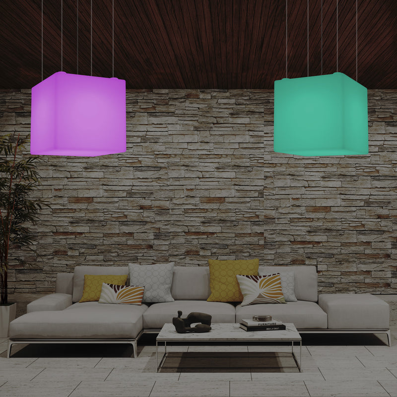 Würfel Pendelleuchte, geometrische LED Hängelampe, 60 cm, E27, RGB Licht mit Fernbedienung