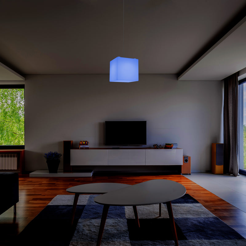 Leuchtwürfel Hängelampe, moderne LED Pendelleuchte, 20cm, E27, mit Farbwechsel