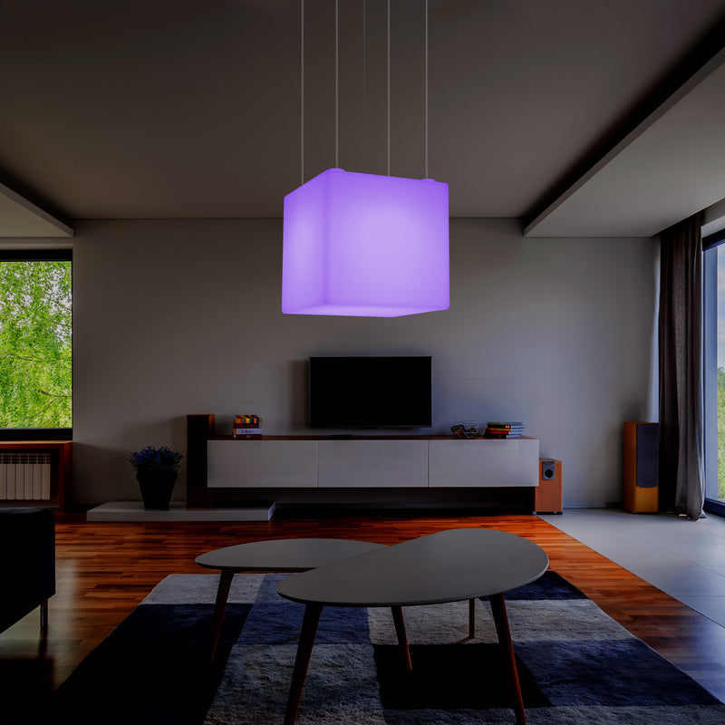 Würfel Pendelleuchte, geometrische LED Hängelampe, 60 cm, E27, RGB Licht mit Fernbedienung