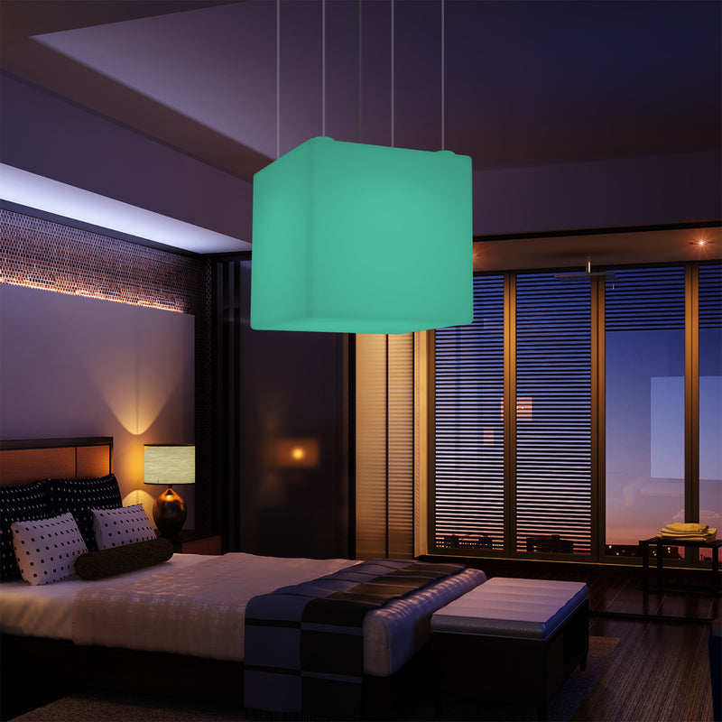 Würfel Pendelleuchte, geometrische LED Hängelampe, 60 cm, E27, RGB Licht mit Fernbedienung