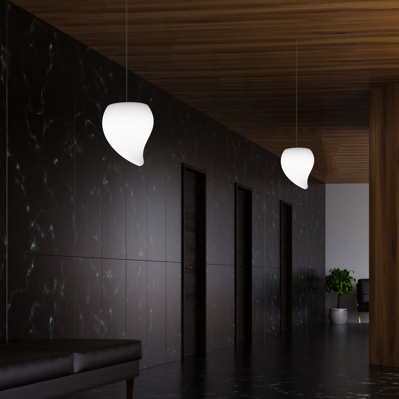 Designer LED Pendelleuchte, einzigartige Tränenform, besondere E27 Hängeleuchte, weiß