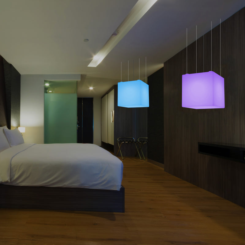 Würfelförmige LED Pendelleuchte, mehrfarbige moderne RGB Deckenleuchte, 400 mm, Ambiente Beleuchtung
