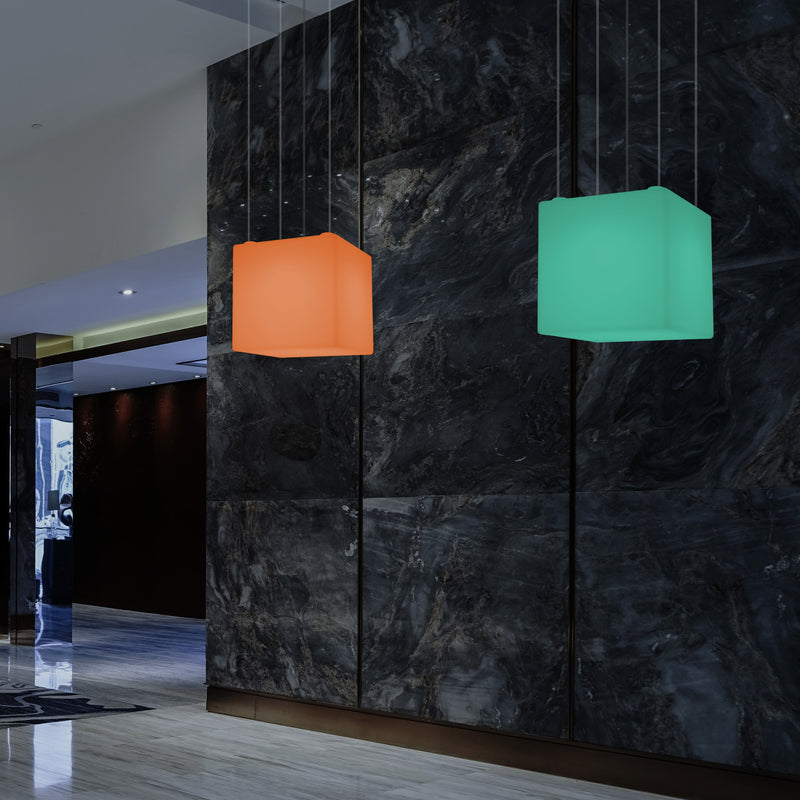 Würfelförmige LED Pendelleuchte, mehrfarbige moderne RGB Deckenleuchte, 400 mm, Ambiente Beleuchtung