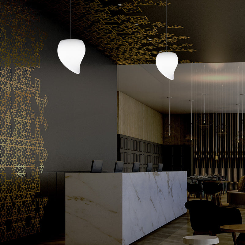 Designer LED Pendelleuchte, einzigartige Tränenform, besondere E27 Hängeleuchte, weiß
