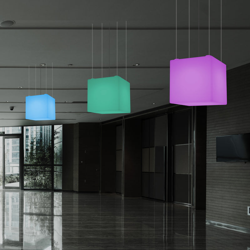 Würfelförmige LED Pendelleuchte, mehrfarbige moderne RGB Deckenleuchte, 400 mm, Ambiente Beleuchtung