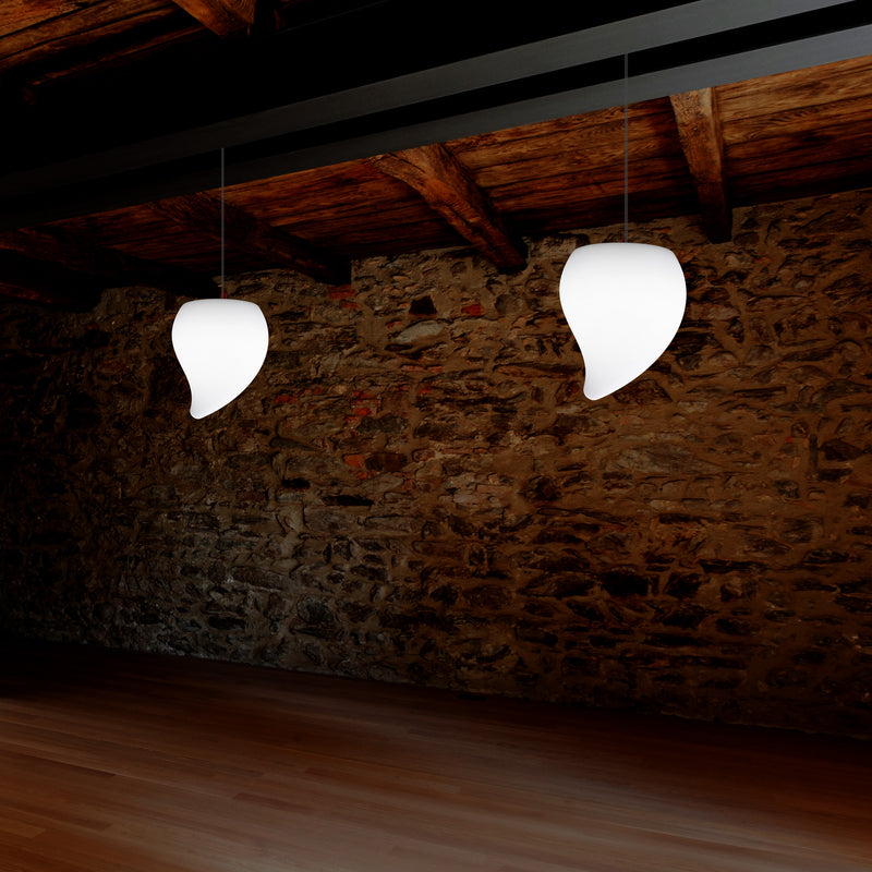 Designer LED Pendelleuchte, einzigartige Tränenform, besondere E27 Hängeleuchte, weiß