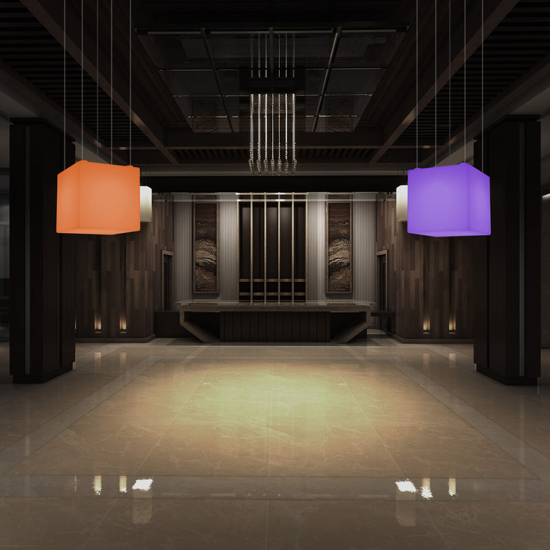 Würfelförmige LED Pendelleuchte, mehrfarbige moderne RGB Deckenleuchte, 400 mm, Ambiente Beleuchtung