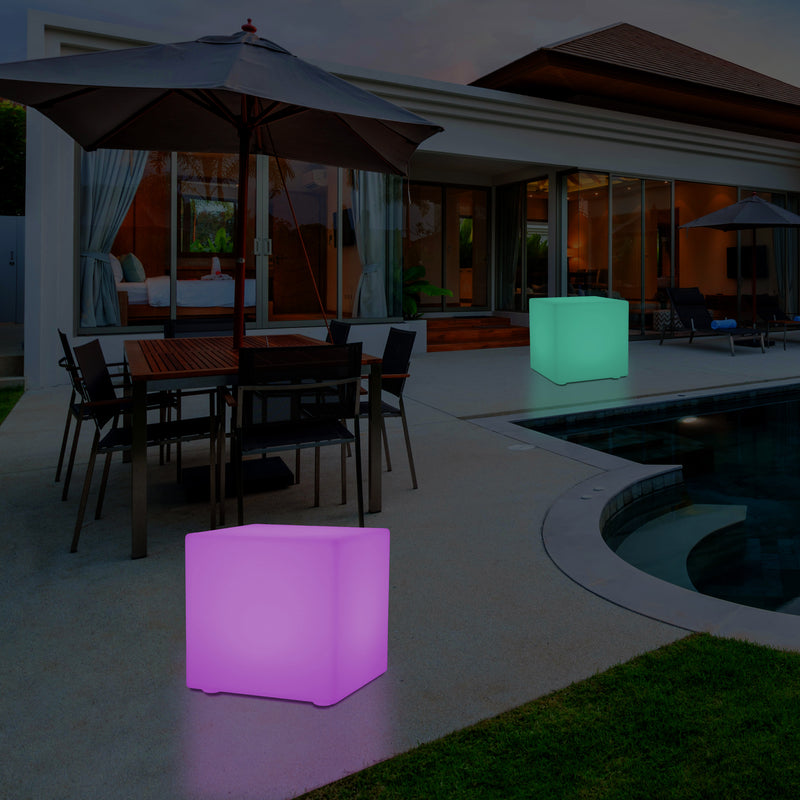 50 cm LED Licht Würfel Sitzhocker Leuchte Leuchtmöbel Sitzgelegenheit für den Garten, 500 mm groß
