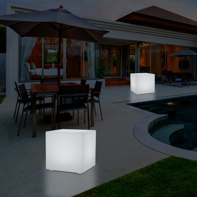 50 cm LED Licht Würfel Sitzhocker Leuchte Leuchtmöbel Sitzgelegenheit für den Garten, 500 mm groß