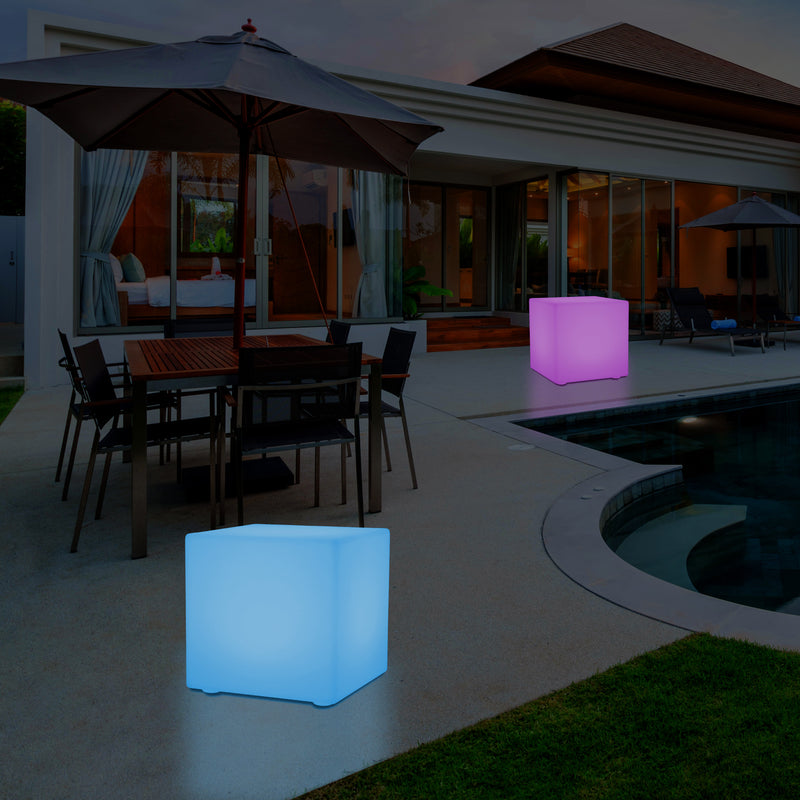 LED Würfel Hocker für den Außenbereich, netzbetriebene Garten Stehleuchte, mehrfarbig, 400 x 400 mm