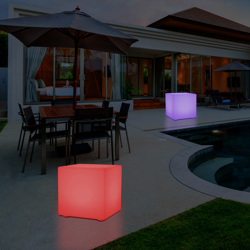 LED Würfel Hocker für den Außenbereich, netzbetriebene Garten Stehleuchte, mehrfarbig, 400 x 400 mm