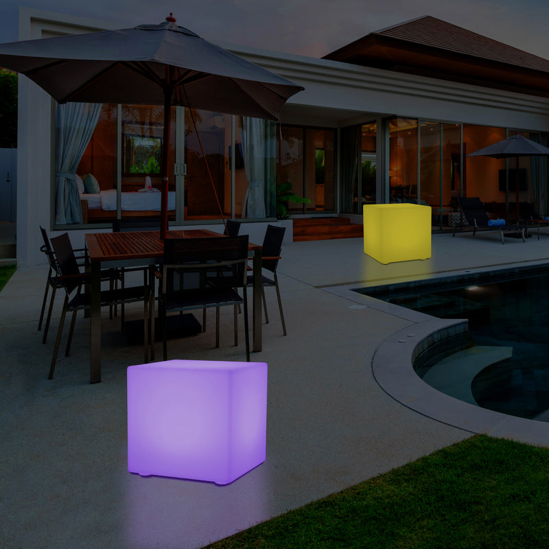 50 cm LED Licht Würfel Sitzhocker Leuchte Leuchtmöbel Sitzgelegenheit für den Garten, 500 mm groß