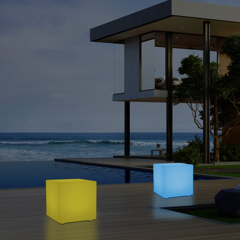 LED Würfel Hocker für den Außenbereich, netzbetriebene Garten Stehleuchte, mehrfarbig, 400 x 400 mm