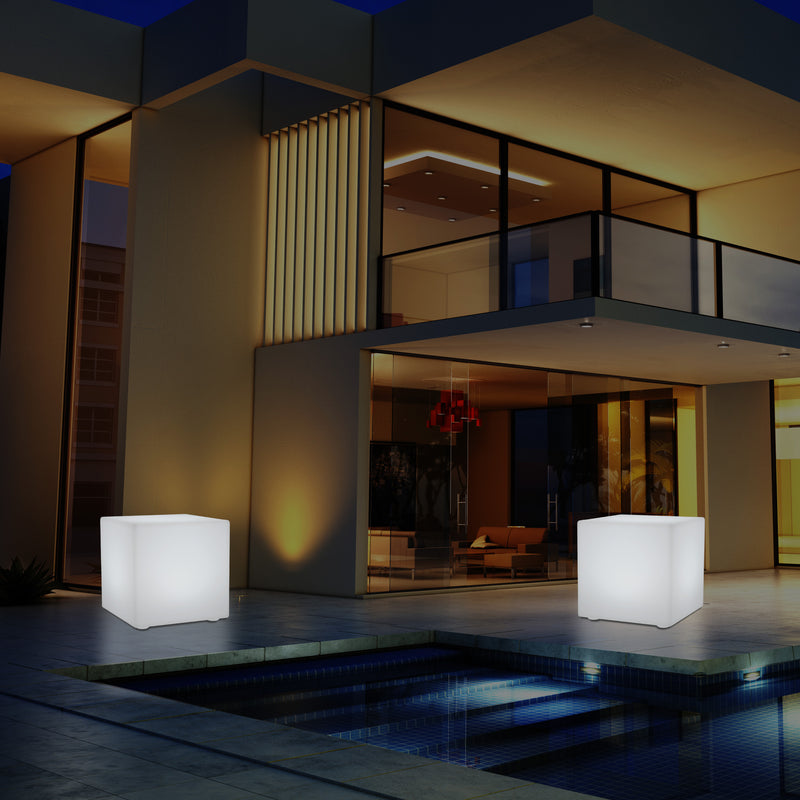 50 cm LED Licht Würfel Sitzhocker Leuchte Leuchtmöbel Sitzgelegenheit für den Garten, 500 mm groß