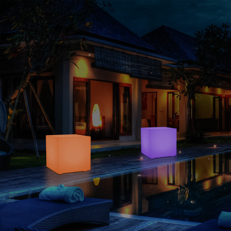LED Würfel Hocker für den Außenbereich, netzbetriebene Garten Stehleuchte, mehrfarbig, 400 x 400 mm