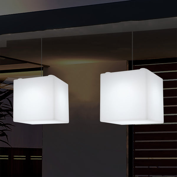 Hängeleuchte für Außenveranda, netzbetriebene LED Pendelleuchte, 30 cm Würfel, Cube mit Farbwechsel