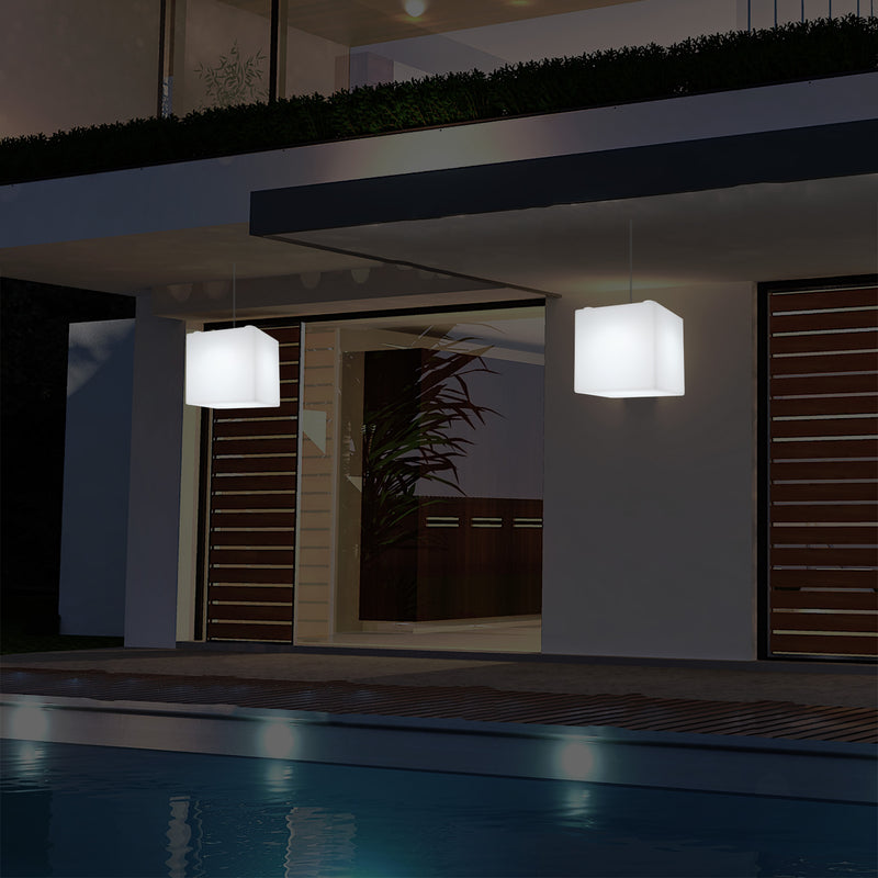 Netzbetriebene Garten Terrassen Hängeleuchte, 20 cm LED Würfel Deckenlampe mit RGB Farbwechsel