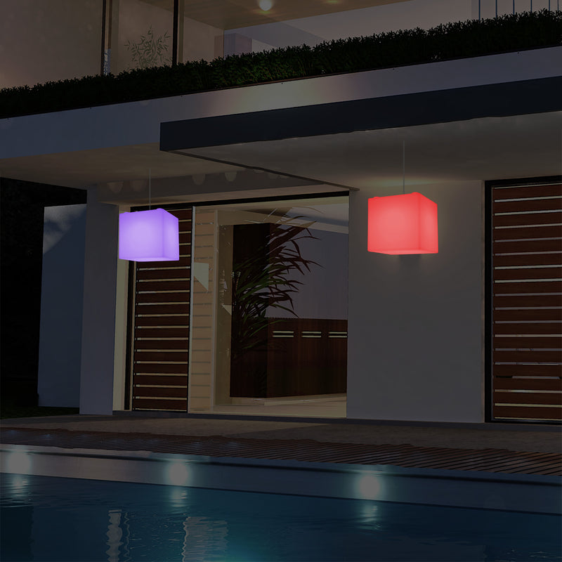 Netzbetriebene Garten Terrassen Hängeleuchte, 20 cm LED Würfel Deckenlampe mit RGB Farbwechsel