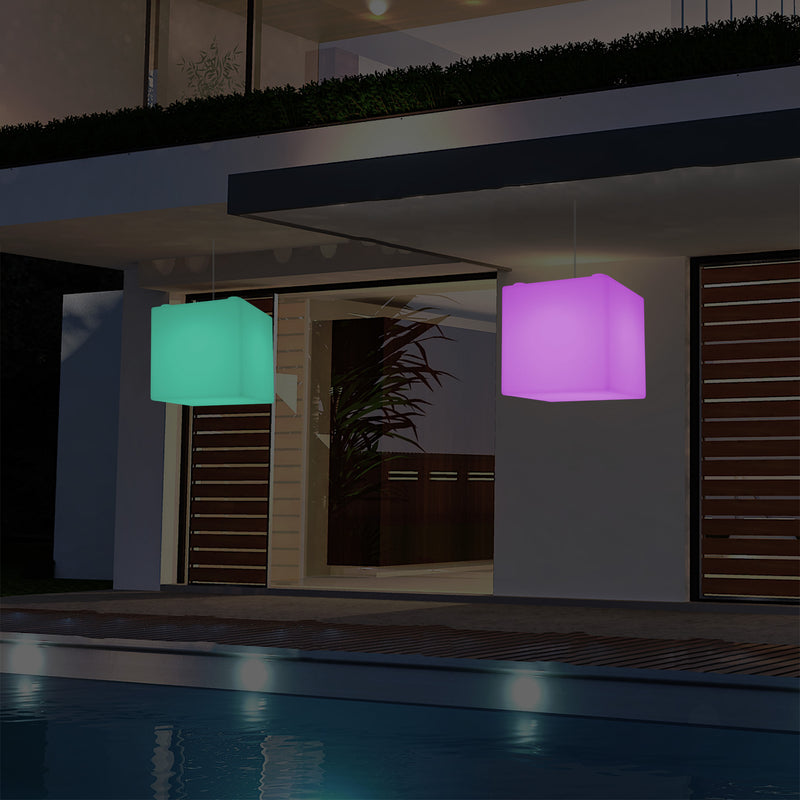 Hängeleuchte für Außenveranda, netzbetriebene LED Pendelleuchte, 30 cm Würfel, Cube mit Farbwechsel