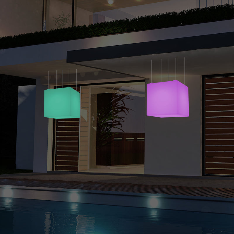 LED Hängeleuchte, Outdoor, Balkon im Freien netzbetriebene 40 cm Würfel Pendeleuchte, mehrfarbig