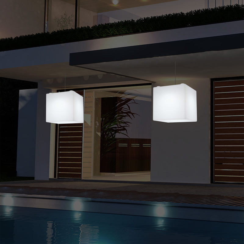 Hängeleuchte für Außenveranda, netzbetriebene LED Pendelleuchte, 30 cm Würfel, Cube mit Farbwechsel