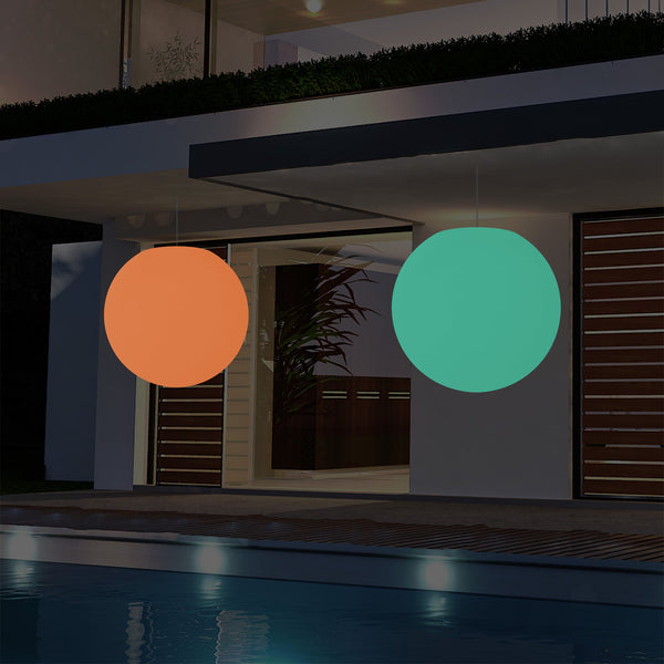 Hängelampe für die Gartenterrasse, netzbetriebene LED Pendelleuchte, 60 cm Globus Kugel Ball, RGB