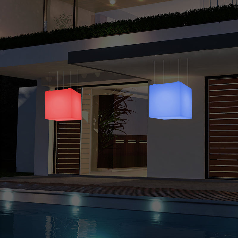 LED Hängeleuchte, Outdoor, Balkon im Freien netzbetriebene 40 cm Würfel Pendeleuchte, mehrfarbig