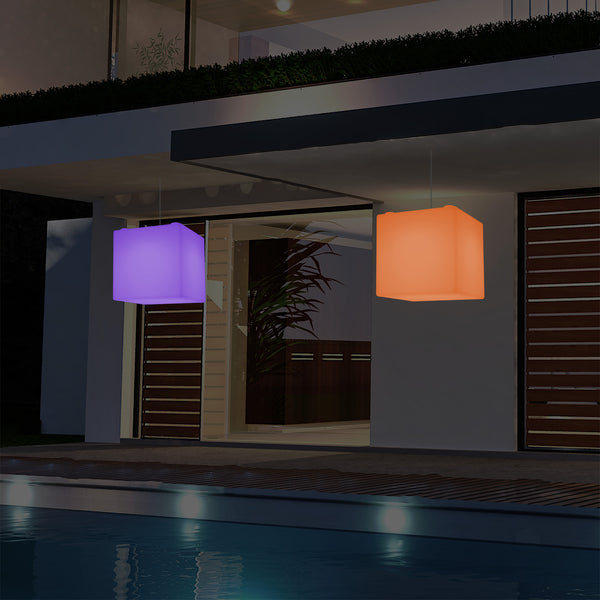 Hängeleuchte für Außenveranda, netzbetriebene LED Pendelleuchte, 30 cm Würfel, Cube mit Farbwechsel