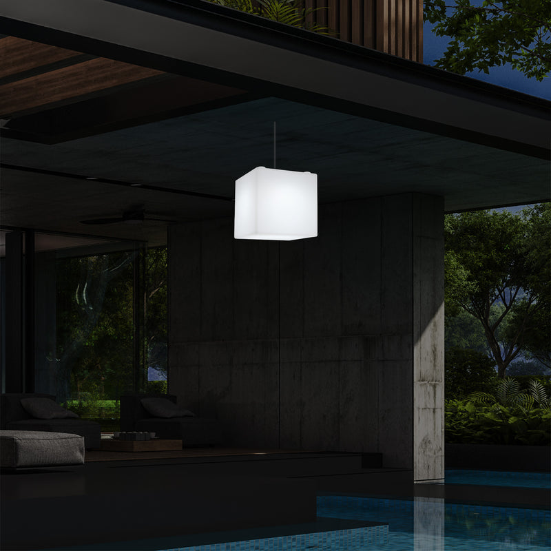 Netzbetriebene Garten Terrassen Hängeleuchte, 20 cm LED Würfel Deckenlampe mit RGB Farbwechsel