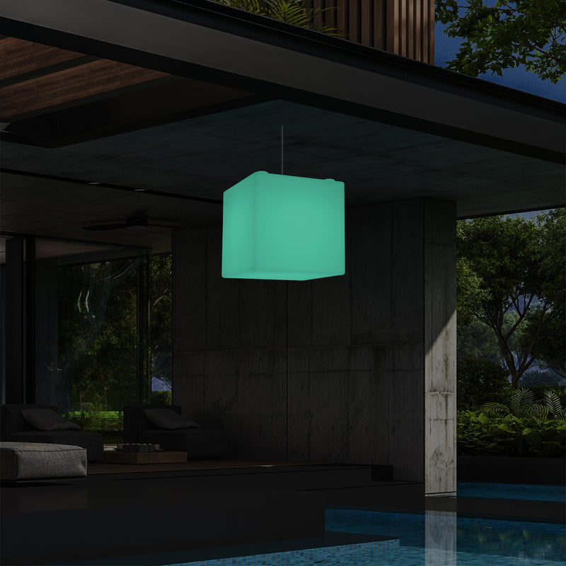 Hängeleuchte für Außenveranda, netzbetriebene LED Pendelleuchte, 30 cm Würfel, Cube mit Farbwechsel