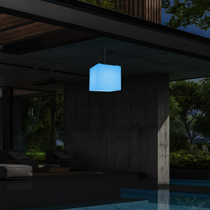 Netzbetriebene Garten Terrassen Hängeleuchte, 20 cm LED Würfel Deckenlampe mit RGB Farbwechsel