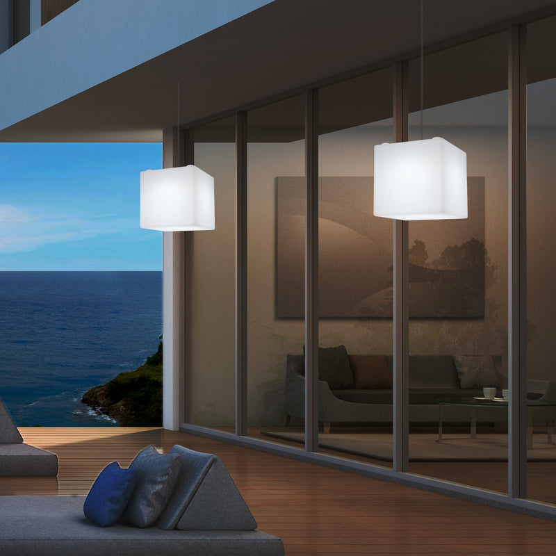 Netzbetriebene Garten Terrassen Hängeleuchte, 20 cm LED Würfel Deckenlampe mit RGB Farbwechsel