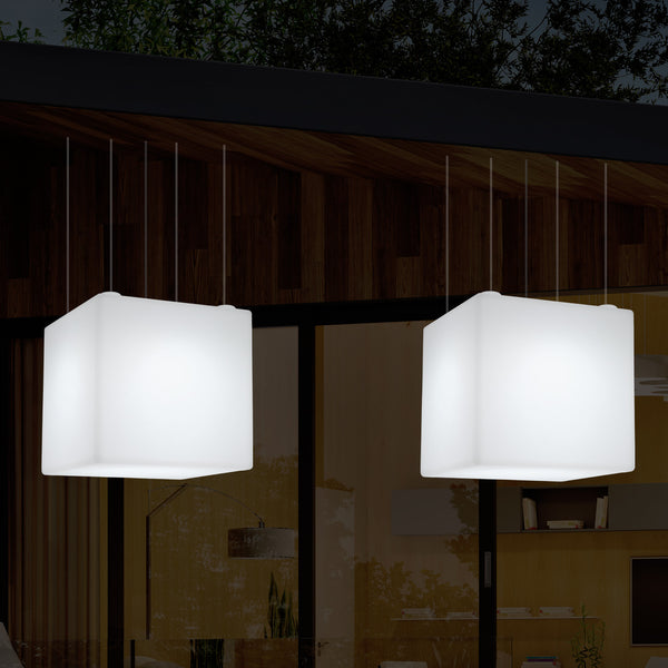 Outdoor Hängeleuchte für den Garten, netzbetriebene LED Pendelleuchte, 60 cm Würfel, Farbwechsel