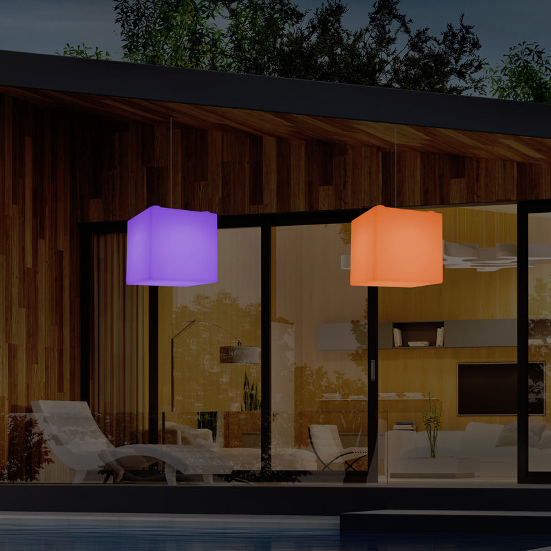 Hängeleuchte für Außenveranda, netzbetriebene LED Pendelleuchte, 30 cm Würfel, Cube mit Farbwechsel