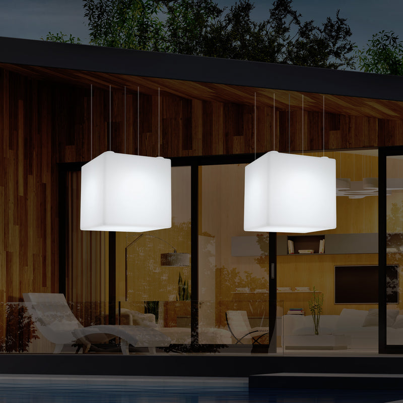 Outdoor Hängeleuchte für den Garten, netzbetriebene LED Pendelleuchte, 60 cm Würfel, Farbwechsel