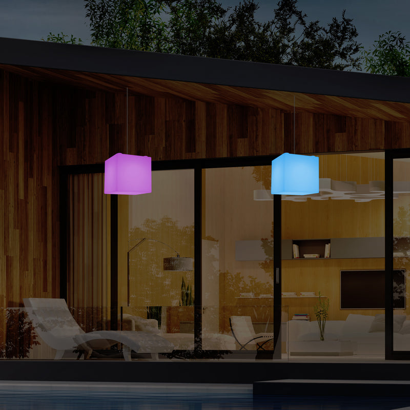Netzbetriebene Garten Terrassen Hängeleuchte, 20 cm LED Würfel Deckenlampe mit RGB Farbwechsel