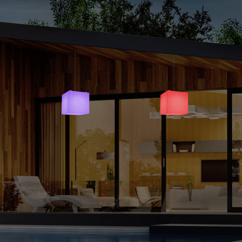 LED Hängelampe für den Garten, netzbetriebene 15 cm Outdoor Würfel Hängeleuchte, Multicolor